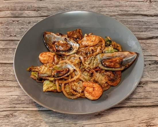 Spicy Seafood Udon Pasta.