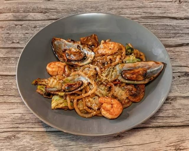 Spicy Seafood Udon Pasta.
